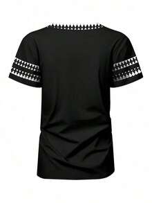 Camiseta casual de mujer con cuello en V y estampado geométrico de manga corta - Multicolor 2 - Ver 3