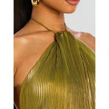 Sleeveless Halter Neck Dress With Metallic Pleats, Side Slit, Adjustable Drawstring, And Open Back, For Women - Gold - View 3