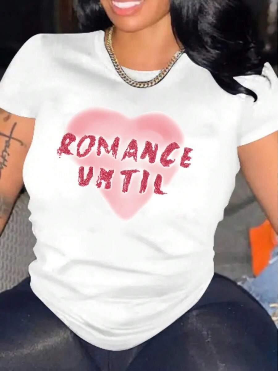 YOCASA Camiseta Casual de Verano para Mujer, con Cuello Redondo, Ajustada y Manga Corta, con Estampado de Pintura al Óleo, Floral, Corazón, Cereza y Patrones de Letras. Tejido Casual Simple, Estilo Deportivo, Ideal para Uso Diario y un Citas de San Valentín. - BLANCO-YH395 - Ver 1