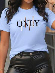 Estampado Artístico de Letras - Elegante y a la Moda - Camiseta de Cuello Redondo para Mujer, Manga Corta Casual Deportiva, Tallas S-XXL, Varios Colores Disponibles - Cielo azul - Ver 6