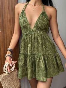 Vestido bohemio con estampado, sin espalda, con tirantes de lazo y moño, para uso casual, vacaciones y uso diario, primavera/verano para mujer - Verde - Ver 8