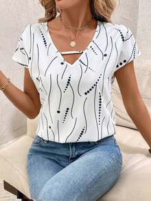 Blusa de mujer con detalles de rayas de contraste y calados, top de manga corta - Azul y blanco - Ver 8