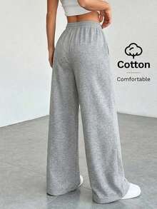 Pantalones de chándal de mujer de punto de unicolor, cómodos y casuales con pierna ancha - Gris Claro - Ver 2