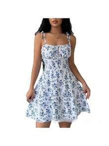 Vestido corto de tirantes con estampado floral, estilo vacacional francés, nueva colección verano 2026, modelo elegante para mujer - impresión - Ver 5
