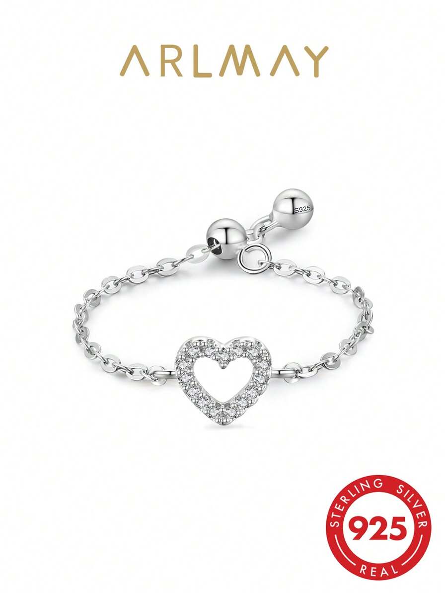 1pc 925 Sterling Silver Sweet Heart Adjustable Chain Ring, Jewelry For Wedding Stacking - Silver - View 1