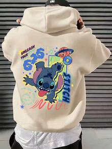 Disney Lilo & Stitch "626 Experiment" Hoodie - Unisex Loose Fit Casual Top - Autumn/Winter Hooded Sweatshirt With Drawstring Hood, Machine Washable, Men's - 杏色 - 查看 1