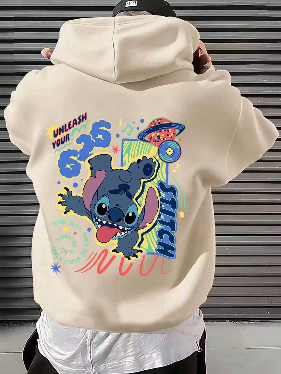 Disney Lilo & Stitch "626 Experiment" Hoodie - Unisex Loose Fit Casual Top - Autumn/Winter Hooded Sweatshirt With Drawstring Hood, Machine Washable, Men's - 杏色 - 查看 1