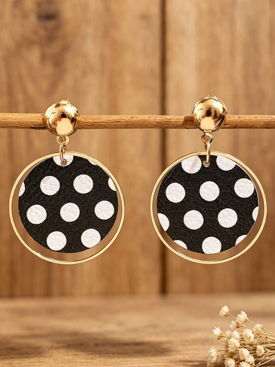 1 Pair Vintage Hong Kong Style Classic Black & White Polka Dot Metal Hoop Earrings, Elegant Versatile Ear Jewelry For Women - Polka Dots - View 1
