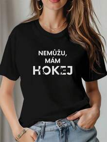 Camiseta estampada de algodón puro para mujer Patterned Parker NEM U M M HOKEJ, blusa casual de manga corta cómoda y versátil para mujer. - Negro - Ver 7
