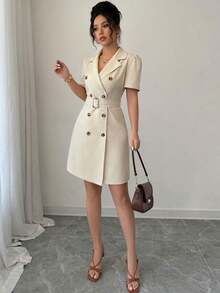 Vestido con cuello, cintura con lazo y mangas con volantes de doble botonadura - Albaricoque - Ver 6