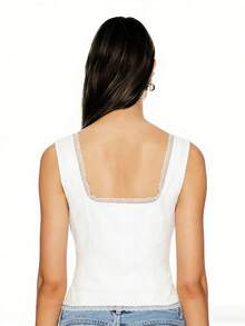 Women's Summer Lace Trim Sleeveless Button Down Tank Top - For Party  Daily Wear - White - View 5