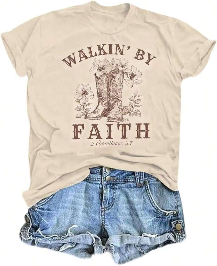 Women's Vintage Floral T-Shirts, Cute Floral Print Tees, Bohemian Wildflower T-Shirts, Casual Short-Sleeved Summer T-Shirts - 杏1 - 查看 1