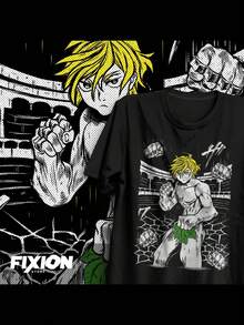 Unisex Loose Fit T-Shirt With Anime Fighting Character - Retro Video Game Themed Short Sleeve T-Shirt, Breathable Cotton, Machine Washable, Suitable For Comic Cons And Everyday Wear, Casual Summer And Autumn Outfit, Plus Sizes Available. Women's Shirts, Women's Sweatshirts, Women's Casual Summer Sweater Blouse, Prom Dresses - 黑色 - 查看 1