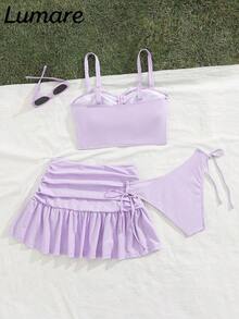Conjunto de 3 piezas de top camiseta deportiva casual y de unicolor con shorts de natación con cordón, falda plisada con volantes, tela de estiramiento medio, traje de baño bikini para vacaciones, playa, piscina, en la playa, verano - Beis - Ver 8