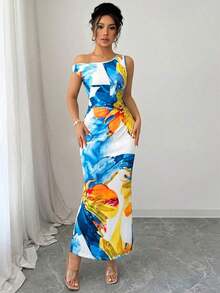 1 pieza Vestido ajustado con estampado floral y cintura ceñida en el hombro oblicuo - Azul - Ver 3