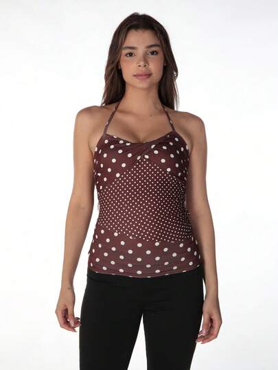 Top corto con escote halter y espalda descubierta con estampado de lunares, top de moda sexy y casual Y2K