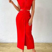 guangzhougaolangshangmao  Vestido largo sencillo y casual de unicolor con botones al frente y mangas cortas para mujer - Rosa Fucsia - Ver 4