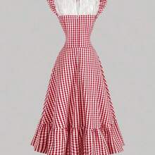 YijiaNvz  MOD Vestido de manga corta con cuello de encaje y estampado de cuadros para mujer - rojo y blanco - Ver 10