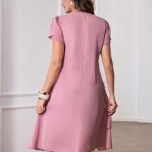 guang zhou mi qian shang mao  Vestido de mujer de unicolor con cuello redondo, mangas cortas con volantes en los puños y dobladillo con volantes, vestido de moda para vacaciones, primavera y verano - Celeste - Ver 4