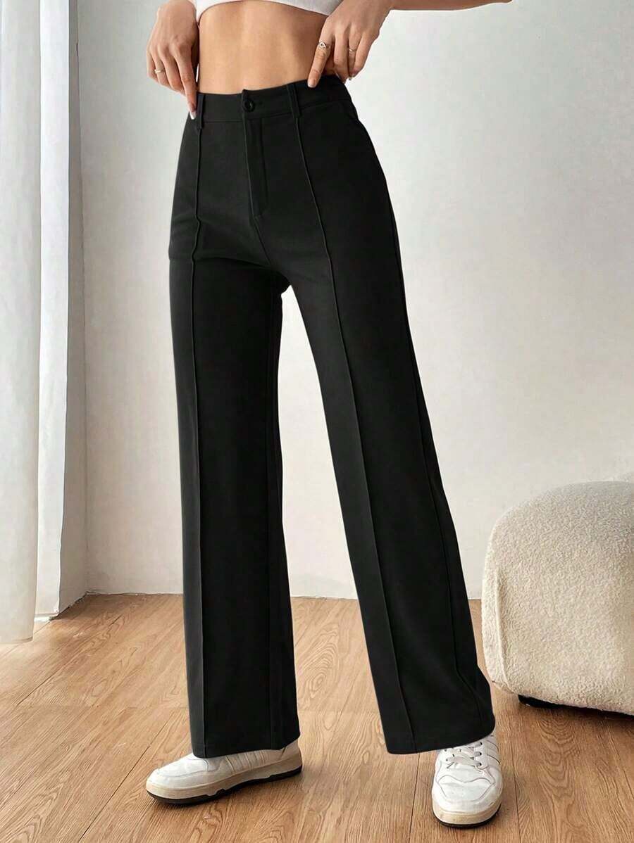 Pantalones rectos de traje sólidos para mujer en otoño/invierno - Negro - Ver 1