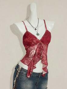 Top informal de tirantes con escote en V, dobladillo con volantes y estampado floral rosa para vacaciones' - Burdeos - Ver 10