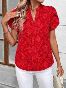 Blusa de mujer de escote en V con estampado de corazón y mangas con volantes para el verano y la playa - Rojo - Ver 4