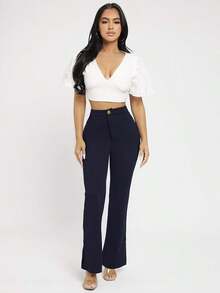 PETITE Pantalones negros de mujer de cintura alta y pierna acampanada - Azul marino - Ver 4