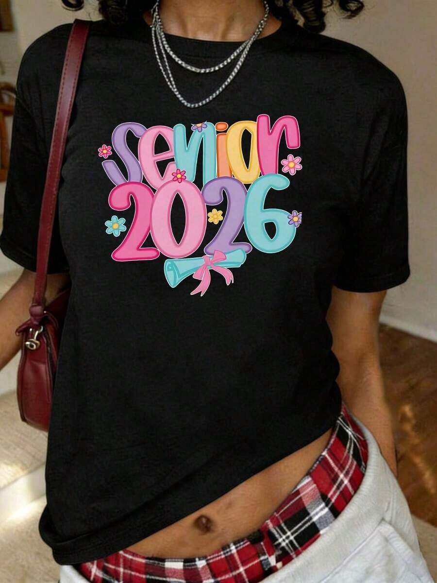Camiseta con Estampado de Graduación 2026, Manga Corta, Cuello Redondo, Estilo Casual para Verano y Primavera, Ropa de Mujer - Negro - Ver 1