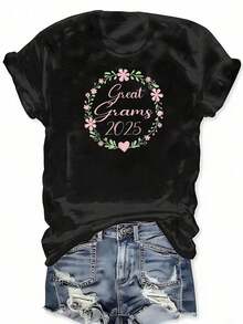 Camiseta con Estampado Floral para el Día de la Madre, Manga Corta, Cuello Redondo, Top Casual para Verano y Primavera, Ropa de Tallas Grandes para Mujer - Negro - Ver 3