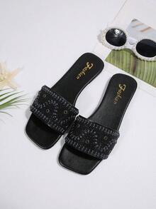 New Arrival Plus Size Luxury Anti-Slip Square Toe Mule Slippers With Rhinestone & Pearl Decor, Fashionable & Versatile For Beach & Resort Wear - Black - View 6