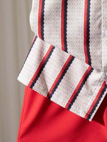 2pcs/Set Boys' Casual Striped Print Pattern Decorated Patch Short Sleeve Top And Solid Color Faux Drawstring Shorts, Spring/Summer - Red - View 7