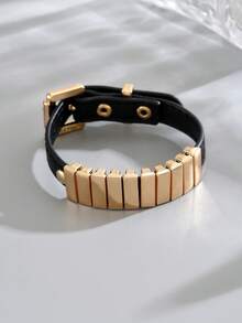 1件女款龐克搖滾風金屬PU皮革手鍊，適合日常配戴（可移動方形飾品） - 黑色-B1487 - 查看 5