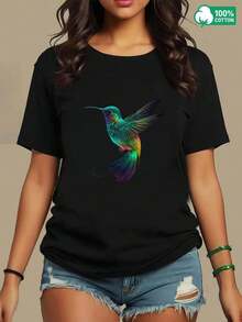 1 Piece Women's Blouses, Beautiful Women's Blouses, Women's Clothing, Elegant Women's Blouses, Magic Hummingbird Bird T-Shirt 180G In Black And White With Exotic Bird Print, High Quality, Round Neck, Basic Size, Loose, Breathable, Versatile, Machine Washable, Comfortable, Size S ~ 3XL, Daily Casual Essential For Summer. - 黑色 - 查看 2