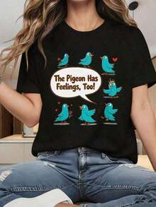 Women's Round Neck Short Sleeve T-Shirt With Dove Design And Slogans, Funny T-Shirt With Speech Bubbles And Cartoon Birds, Fun Print, Suitable For Christmas Parties, Sports Activities, Holiday Parties, Outings, Sports And Other Festive Gifts, Elegant Blouse For Women, Cotton T-Shirt - 黑色 - 查看 11