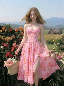 XHESHEIN MOD Vestido camisero elegante con cintura ceñida y estampado de lunares para mujeresXHE - Multicolor 2 - Ver 2