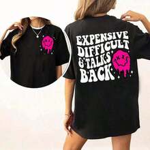 "Expensive Difficult And Talks Back" Short Sleeve T-Shirt, Sarcastic And Funny Wife T-Shirt, Funny Gift For Friends, Women's Tops, Soft Cotton Graphic Print T-Shirt, Funny Saying Lady T-Shirt, Comfortable Women's Clothing, Sizes S-5XL, 100% Cotton. - 黑色 - 查看 1