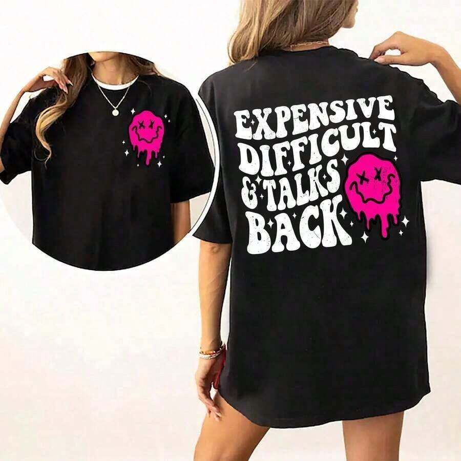 "Expensive Difficult And Talks Back" Short Sleeve T-Shirt, Sarcastic And Funny Wife T-Shirt, Funny Gift For Friends, Women's Tops, Soft Cotton Graphic Print T-Shirt, Funny Saying Lady T-Shirt, Comfortable Women's Clothing, Sizes S-5XL, 100% Cotton. - 黑色 - 查看 1
