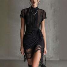 Women's Black Semi-Sheer Dress With Lace Paneling - Slim-Fit, Figure-Flattering, Asymmetrical Mini Dress With Lace Trim And Tie Detail - 黑色 - 查看 1