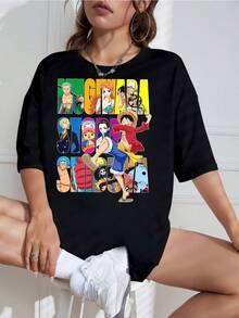 New For 2026: One Piece T-Shirt With Straw Hat Design, Mugiwara Pirate Anime Print, Unisex, Available In Plus Sizes, Casual Short Sleeve, Colorful And Oversized Manga T-Shirt For Fans. - 黑色 - 查看 1