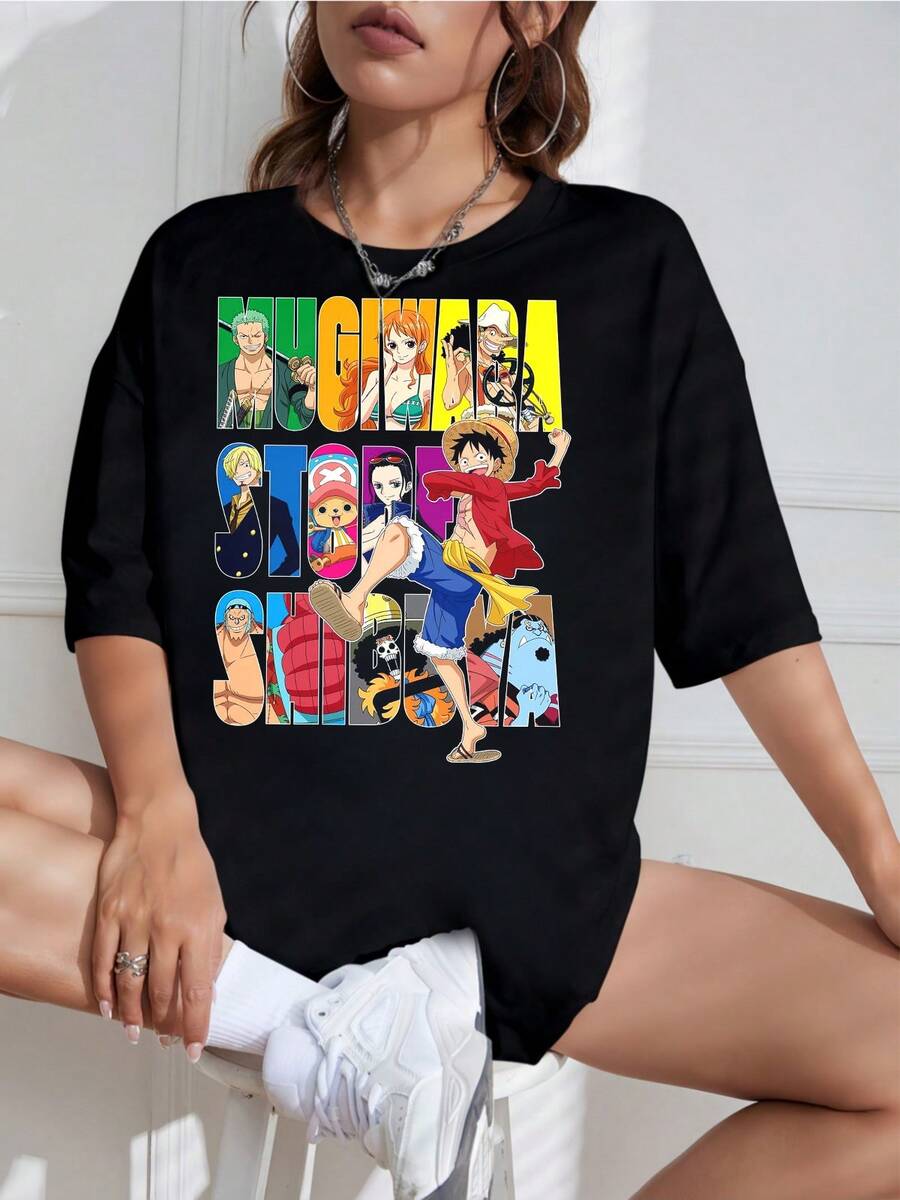 New For 2026: One Piece T-Shirt With Straw Hat Design, Mugiwara Pirate Anime Print, Unisex, Available In Plus Sizes, Casual Short Sleeve, Colorful And Oversized Manga T-Shirt For Fans. - 黑色 - 查看 1