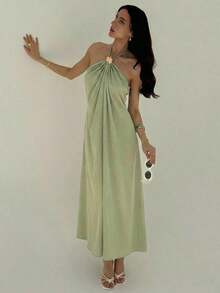 fsfvgsAloruh Nuevo vestido largo con cuello halter, plisado, sin espalda, con decoración de bolas metálicas, talla grande, silueta favorecedora en color champánsbfb s GUIW - Verde Gris - Ver 5