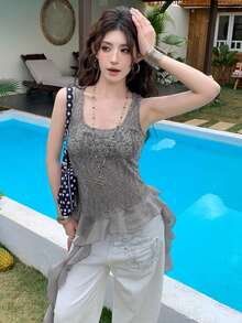 Vintage Lace Trim Asymmetrical Strap Backless Fitted Camisole Top Casual Summer - Grey - View 3