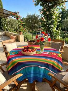1/2pcs Tablecloth, Colorful Striped Floral Pattern Tablecloth, Polyester Material, Suitable For Kitchen, Dining Room, Coffee Table, Picnic, Camping, Countryside, Square Or Round Shape, Multi-Scene Table Protection And Decoration, Festival Atmosphere Embellishment, Exquisite Design - Multicolor - View 9