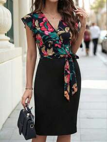 Vestido midi con estampado floral y cuello en V con mangas cortas, elegante para vacaciones - Multicolor - Ver 7