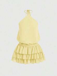 ROMWE Vestido mini con cuello halter, espalda descubierta y bajo con múltiples volantes - Amarillo - Ver 12