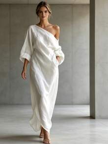 Elegant Minimalist One Shoulder Maxi Dress, Asymmetric Batwing Sleeve Textured Fabric, Loose Solid Resort Wear, Vestido, Vacation Outfit For Women - 象牙白 - 查看 3