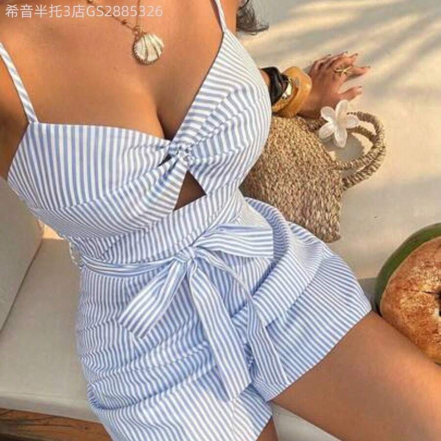 Yunuo Menswear Mono de tirantes finos sexy y elegante con rayas azules, nudo hueco y lazo en la cintura, adecuado para verano, playa y vacaciones - Azul - Ver 1