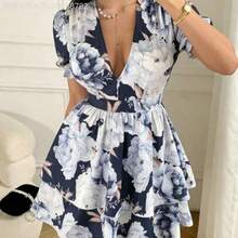 Fengyu Women's Clothing Store  Vestido corto de verano con cuello en V y estampado floral para mujer - Azul y blanco - Ver 1