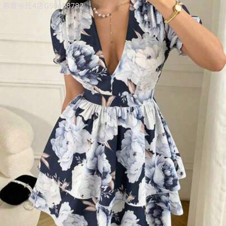 Fengyu Women's Clothing Store  Vestido corto de verano con cuello en V y estampado floral para mujer - Azul y blanco - Ver 1