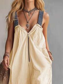 Mono de Mujer a Rayas con Tirantes, Cremallera y Puños Fruncidos para Primavera/Verano|   Diseño Casual y relajado, Ideal para Salidas Diarias y Ocasiones Sociales Ligeras, Looks Casuales Cómodos - Caqui - Ver 9